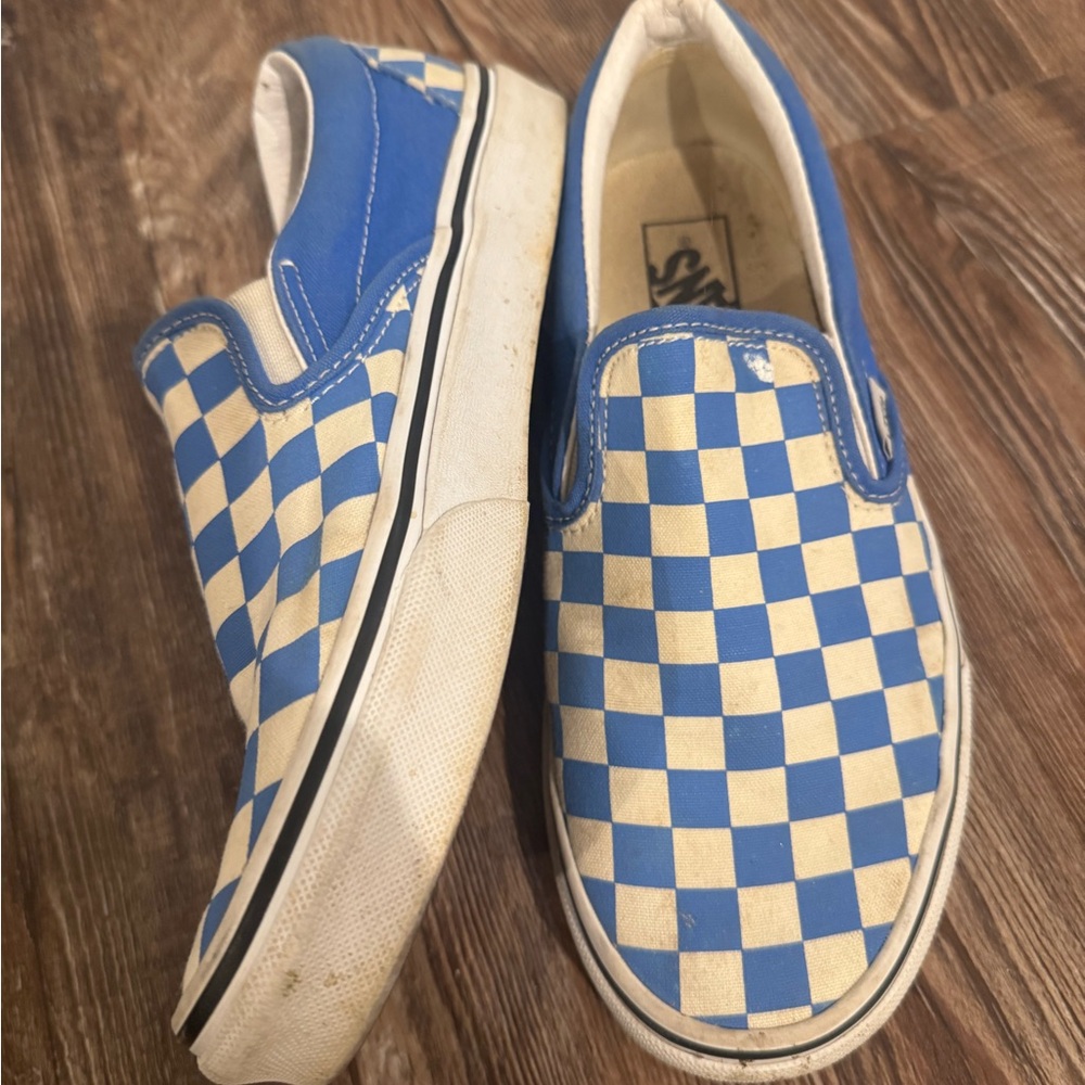 Vans Kids Blue and Cream Checkered Slip-On Sneakers